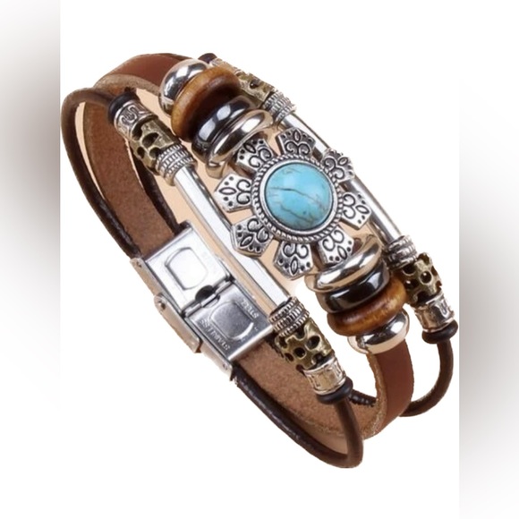 Western Turquoise Stacked Stone Medallion Bracelet - Picture 1 of 8